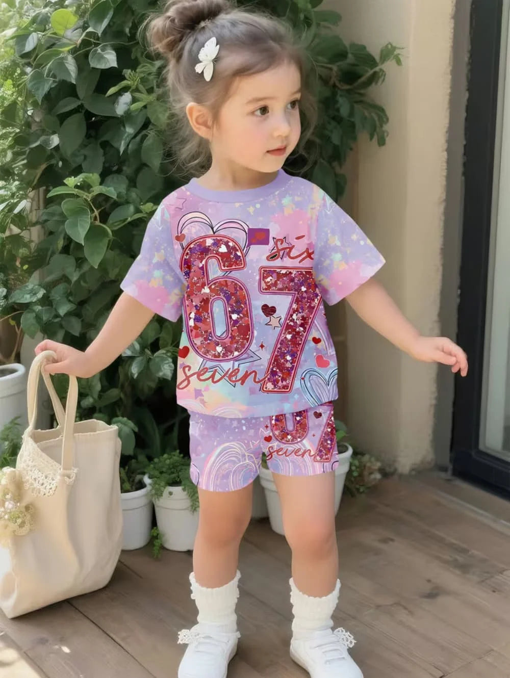 Summer Italian Brainrot 67 Six Seven Cartoon Print Sports Children's Set Short Sleeved Shorts 2PCS Set Girls Casual T-Shirt Set