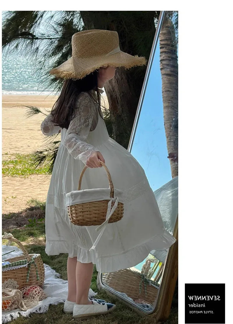 2026 New Girls Dresses Summer Solid Suspenders Dress Hollow-out Long-Sleeved Base Blouse Kid's Beach Wear