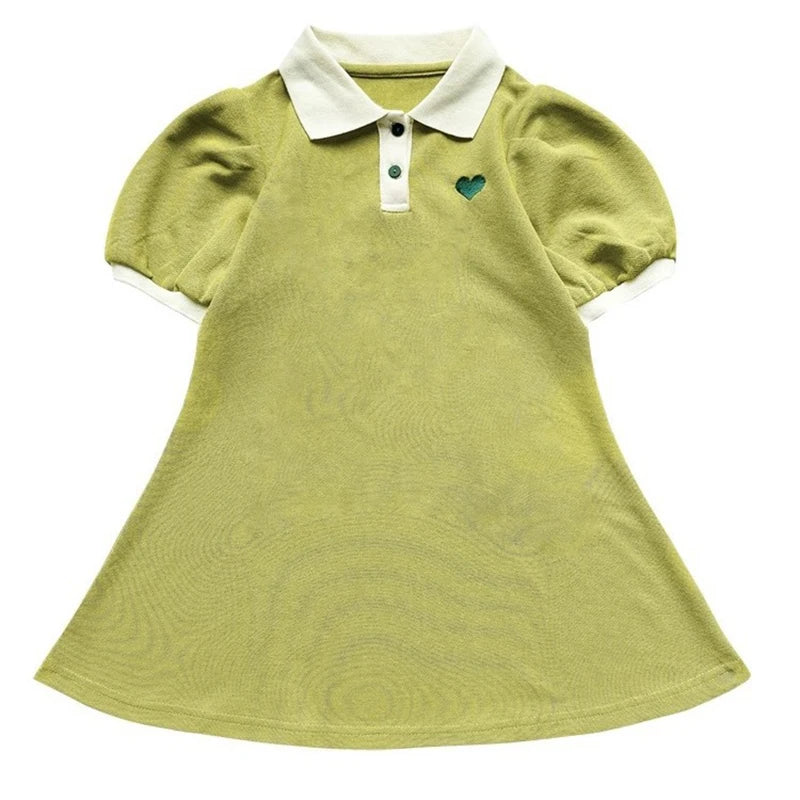 2026 New Summer Children's Dress Baby Girls Heart Print Short Sleeves Lapel Polo Shirt Dresses Kids Clothes Princess Dress 1-10Y
