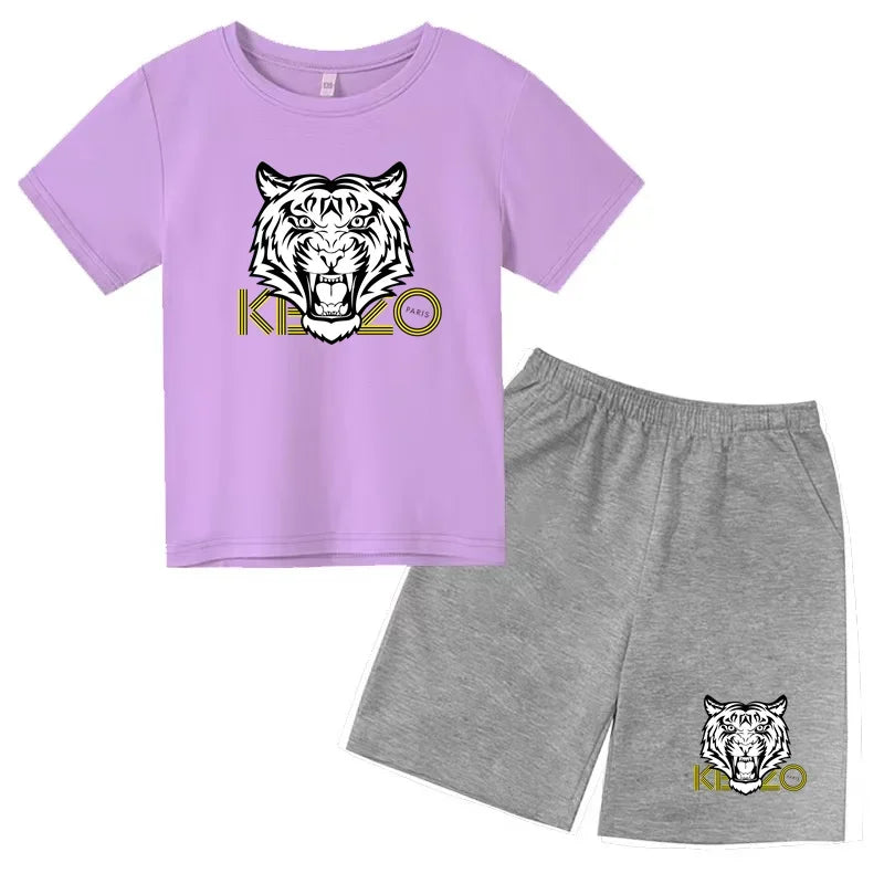 Kids T-shirt Boys Girls Toddlers 3-12Y Fashion Cute Tiger Print Brand Clothing Short Sleeve+Shorts 2P Outdoor Leisure Sports Set