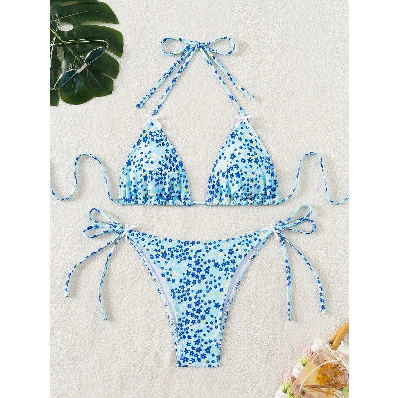 Sexy Leopard Print Two Piece Swimsuit Set Triangle Bra Suspender Halter Backless Bikini Set Beach Vacation Lace-up Swimwear
