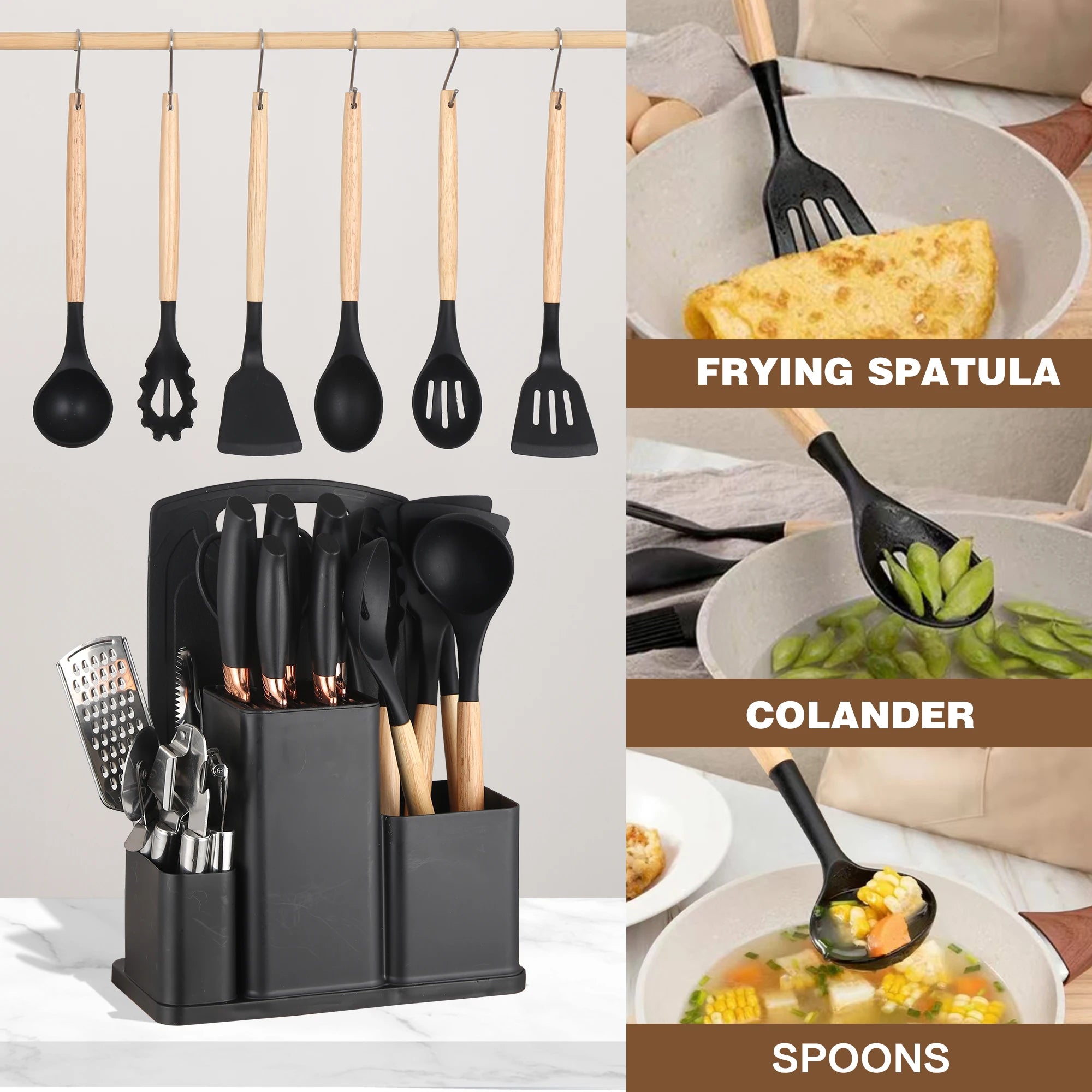 19Pcs Kitchen Utensils Set with Knife & Cutting Board, Silicone Cooking Tools with Storage Holder