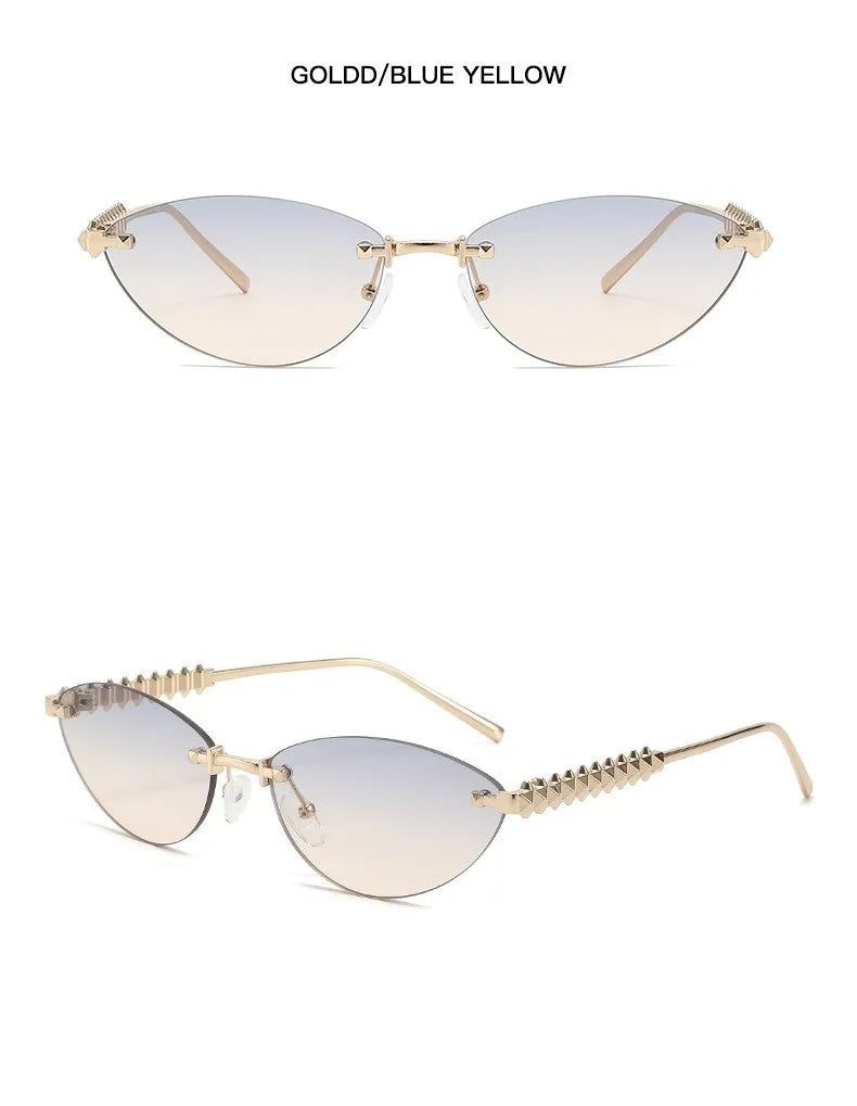 Fashion Trendy Retro Cat Eye Sunglasses Women Luxury Designer Vintage Style Chic Frameless Metal Small Triangle Eyewear