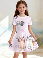 Girl Clothes Cartoon Cat Graphic Printed Girls' Princess Dress Summer Casual Dress for Girls Outfit O-Neck Birthday Gift Clothes