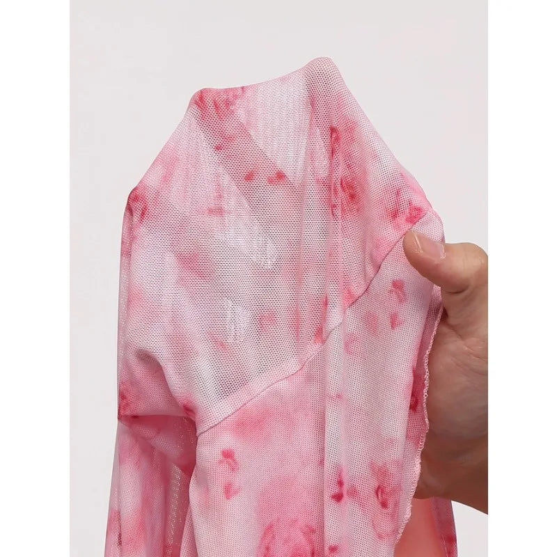 Women's T-Shirt Floral Printed Sweet V-Neck Mesh Summer Vacation Swimsuit Top Flare Long Sleeve Bow Tie Lace Up Woman Clothing