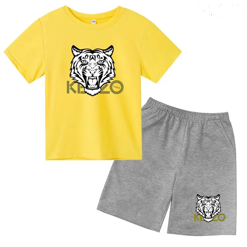 Kids T-shirt Boys Girls Toddlers 3-12Y Fashion Cute Tiger Print Brand Clothing Short Sleeve+Shorts 2P Outdoor Leisure Sports Set