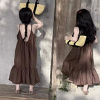 Brown sleeveless beach vacation loose dress For 2-10 Yrs Baby Girls Back To School Clothes 2026 New Summer
