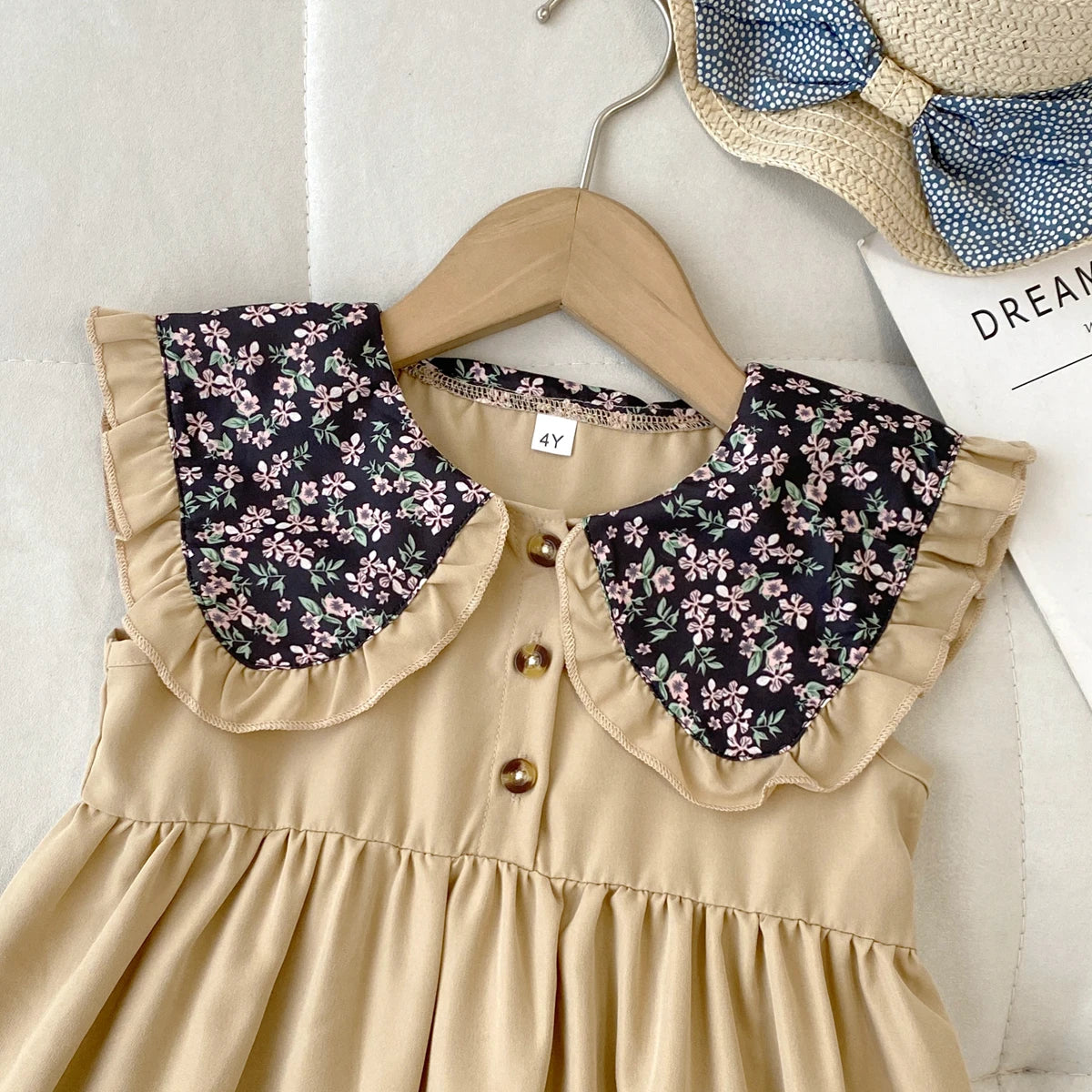 New Girls' Dress 2026 Summer Fashion Floral Navy Collar Sleeveless Dress Children's Clothes Girl Clothing