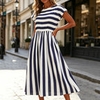 Women Elegant Blue White Stripe Midi Dress Elastic Waist Cap Sleeve Casual A-line Sundress with Pockets for Holiday Daily Wear