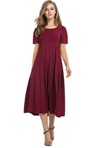 2026 European and American Summer Women's Round Neck Short Sleeve Solid Color Flared Dress
