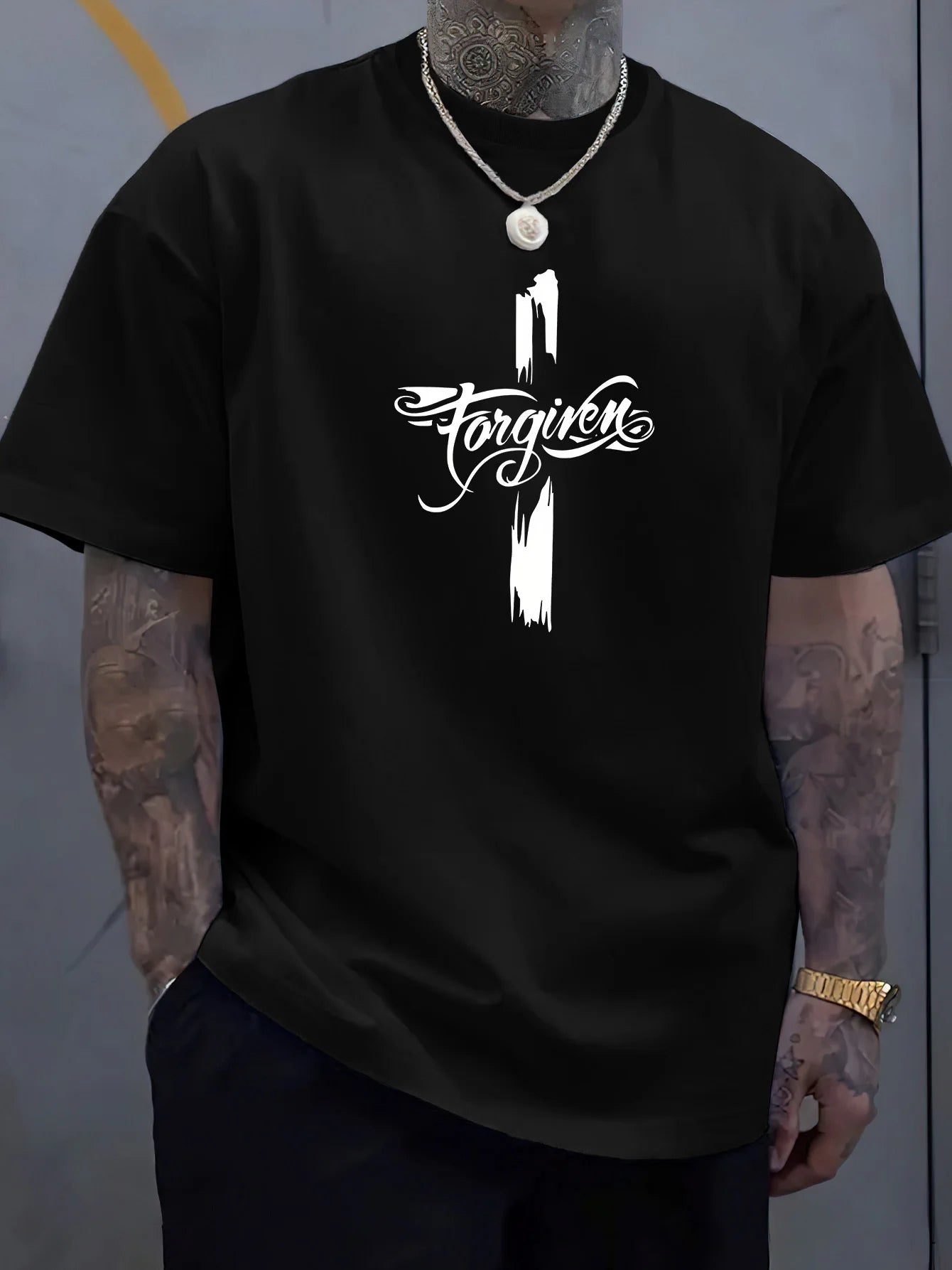Men's Summer 100 Cotton Fashion Casual Loose Large Forgiveness Letter Creative Printed Round Neck Short Sleeve T-shirt