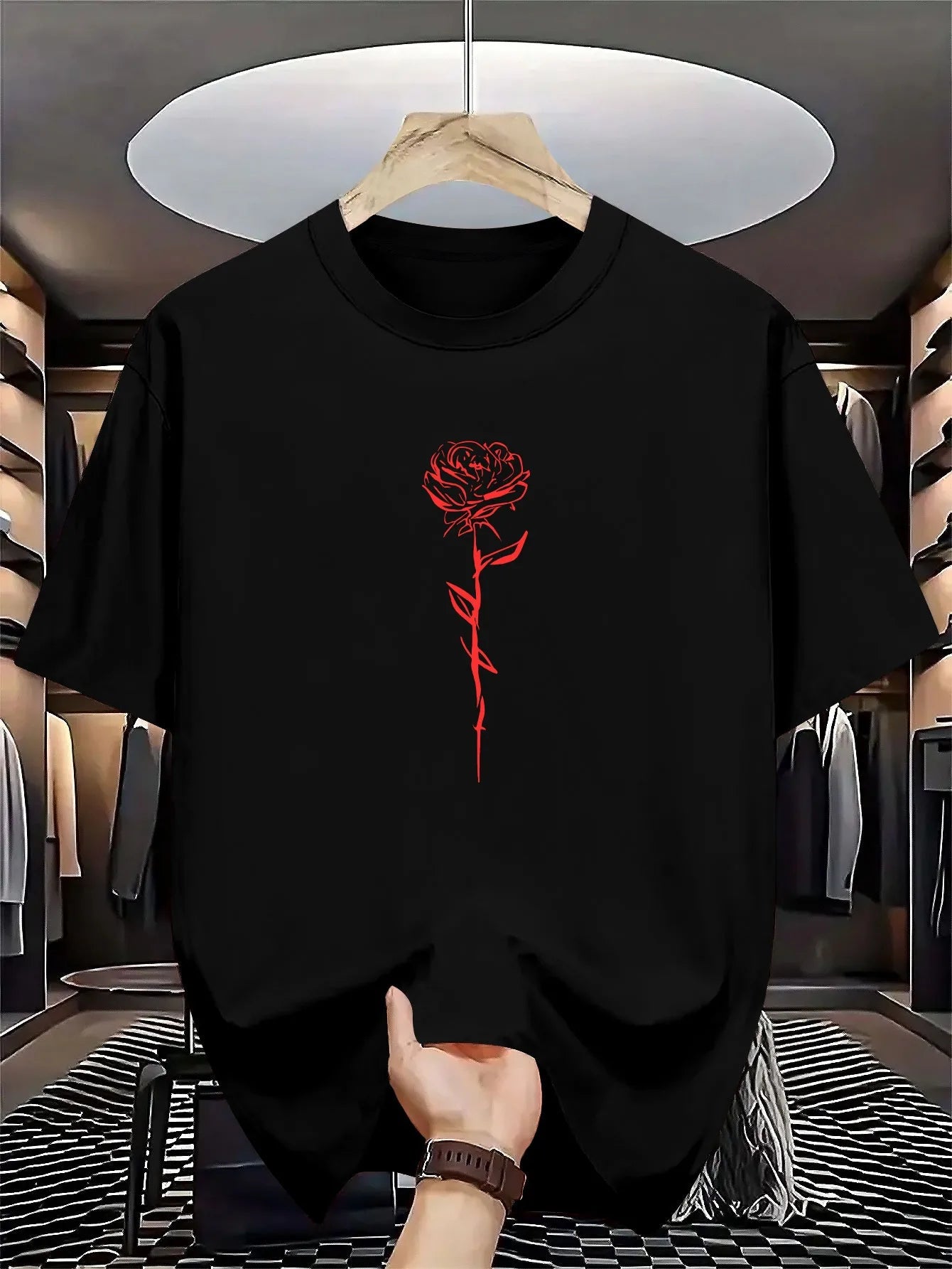 Men's summer 100% pure cotton fashionable casual loose rose pattern printed round neck short sleeved T-shirt top