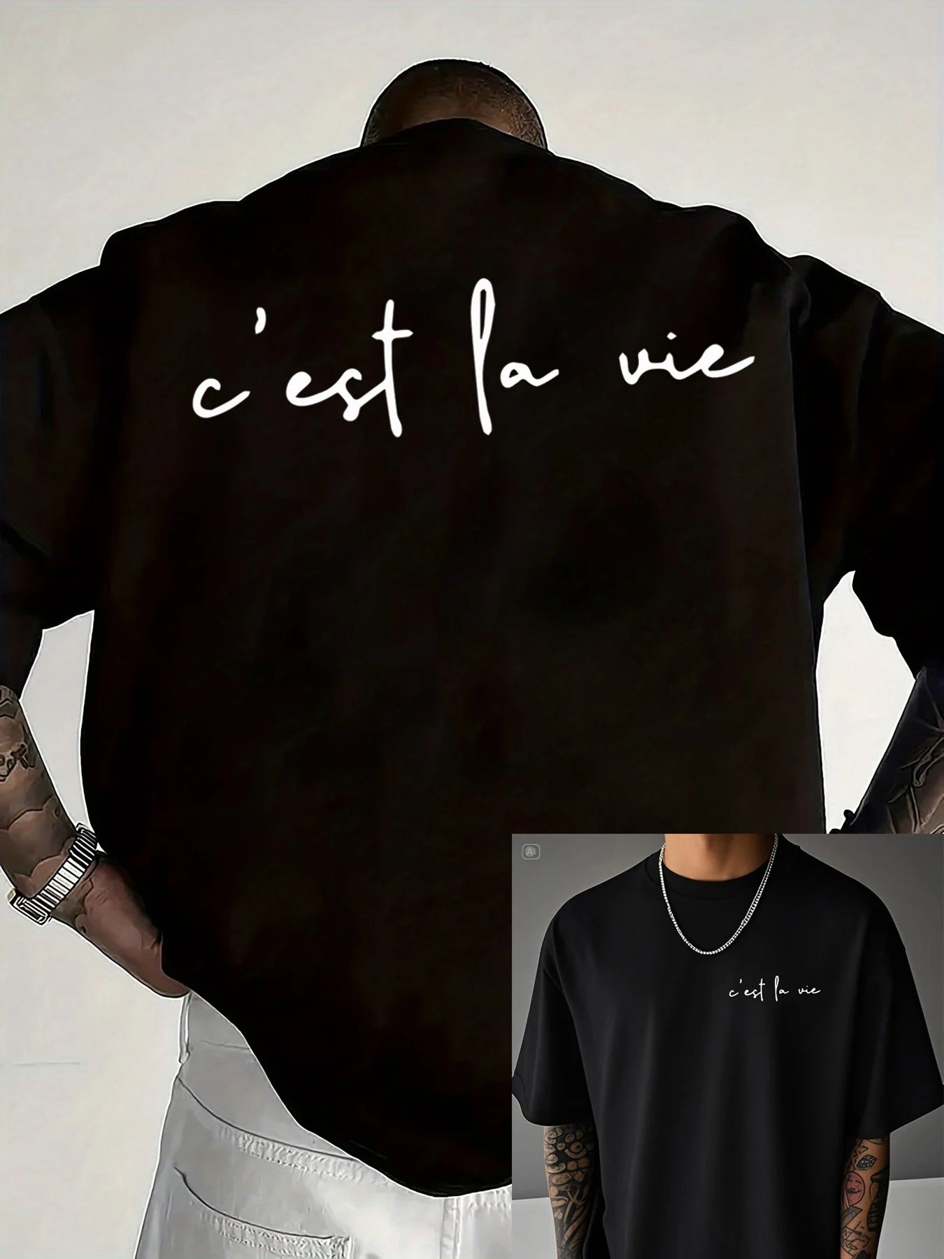 100% pure cotton summer men's fashionable casual loose c'est la vie letter double-sided printed round neck short sleeved T-shirt