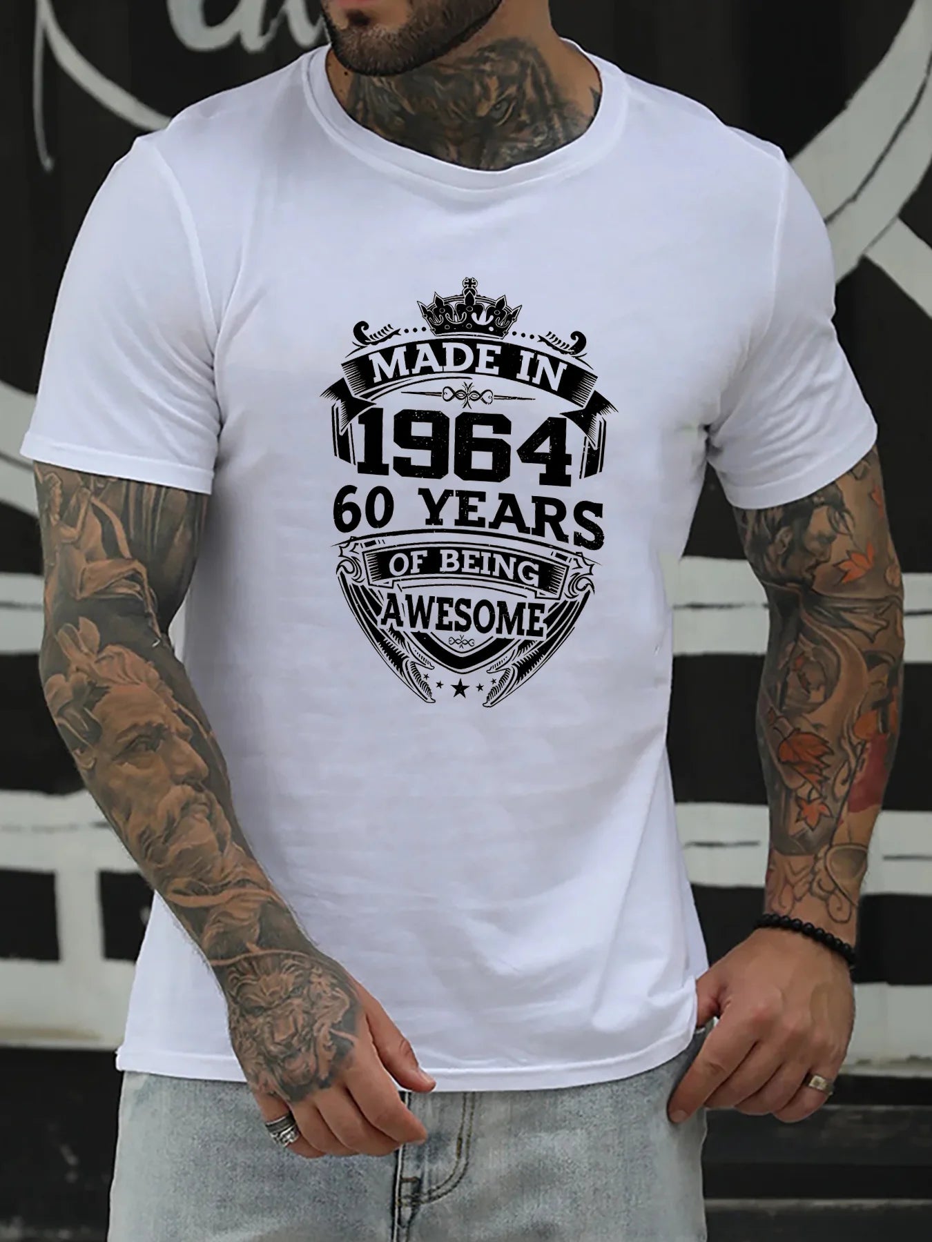 Men's summer 100% pure cotton fashionable sports casual loose fit made in 1964 print round neck short sleeved T-shirt top
