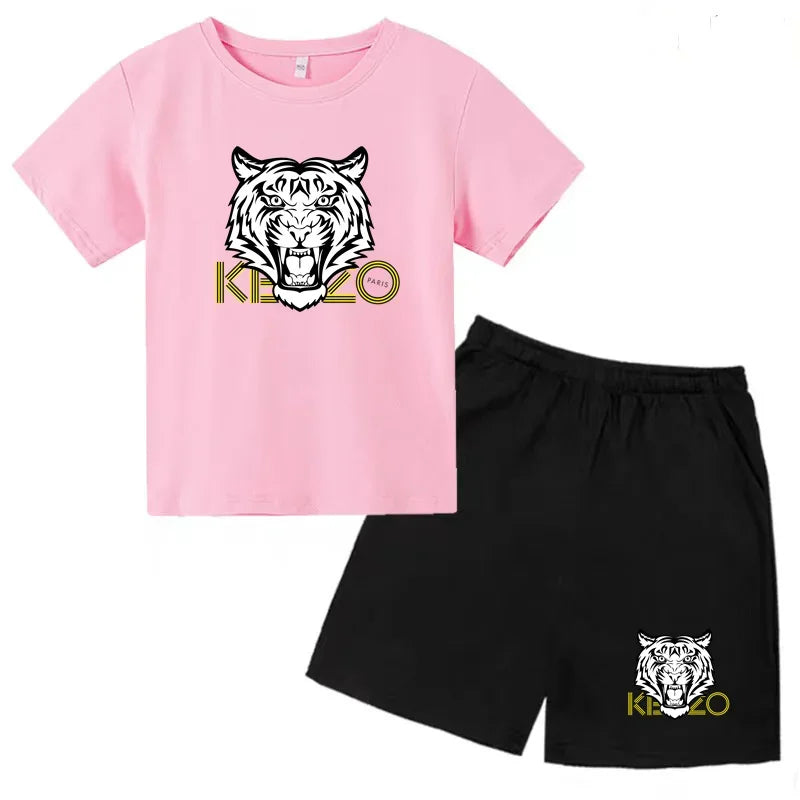 Kids T-shirt Boys Girls Toddlers 3-12Y Fashion Cute Tiger Print Brand Clothing Short Sleeve+Shorts 2P Outdoor Leisure Sports Set