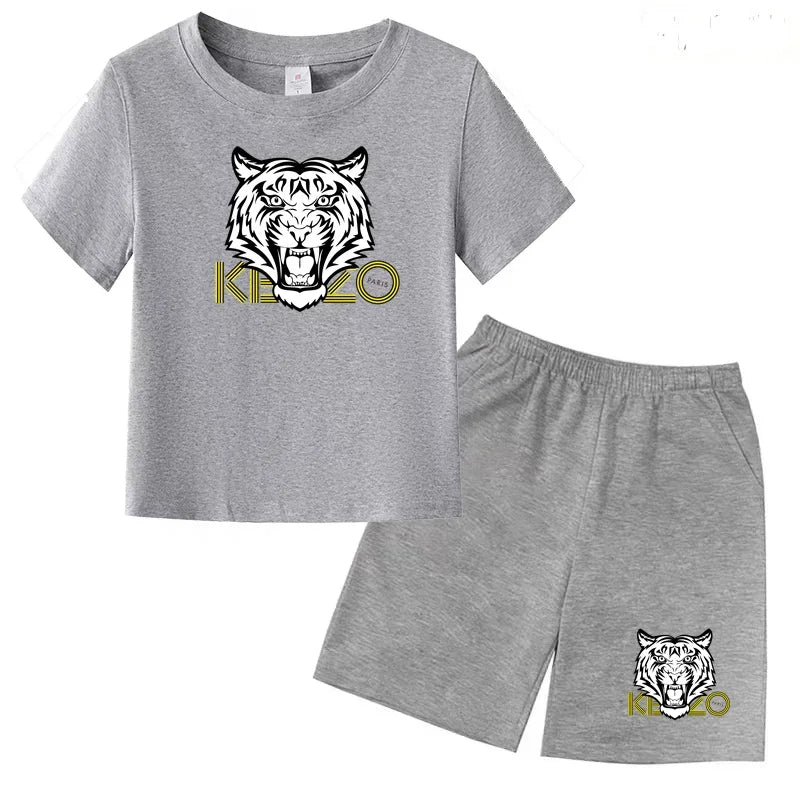 Kids T-shirt Boys Girls Toddlers 3-12Y Fashion Cute Tiger Print Brand Clothing Short Sleeve+Shorts 2P Outdoor Leisure Sports Set