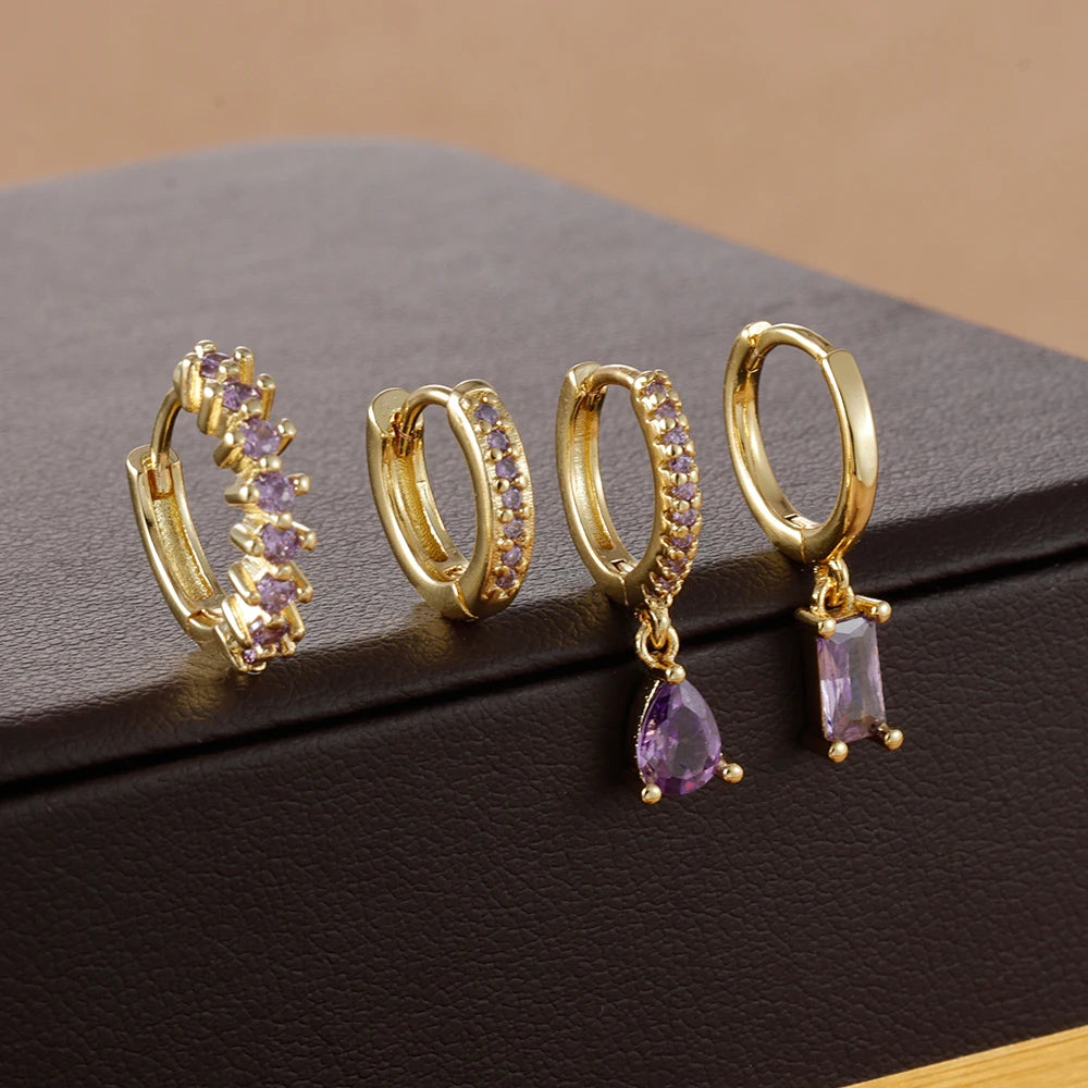 4pcs Korean Stainless Steel Zircon Water Drop Piercing Earrings Set for Women Simple Huggie Square Earring Fashion Jewelry