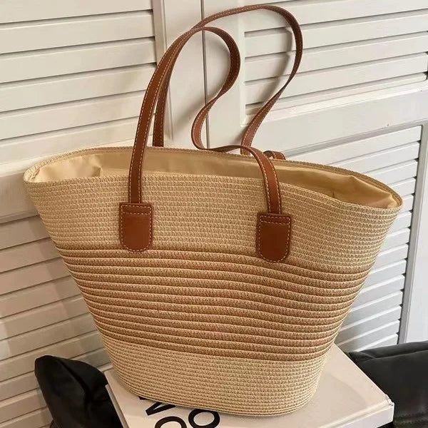 Women's Straw Woven Tote Bag With Hand New Beach Seaside Outdoor Travel Vacation Large Capacity Shoulder Bag Basket Handbag