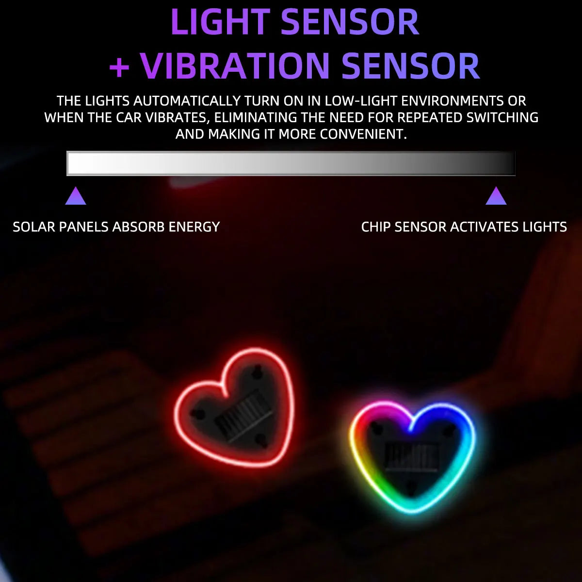 Universal Solar Atmosphere Light Heart-shaped Dynamic Gradient LED Fit Car Interior Ambient Light Decoration Accessory RGB