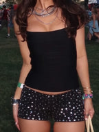 Spaghetti Strap Square Neck Bandage Cami Top Solid Black Tight-Fitting Casual Tops 2026 Summer Lady Trendy Edgy Daily Outfit