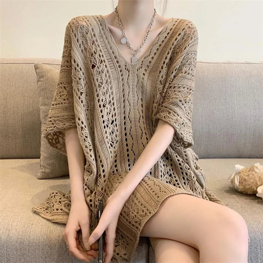 Women's Swimwear Crochet Lace Beach Cover Up Bikini Swimsuits Knitted Cover Up Dress Womens Swimsuit V Neck Side Split Beachwear