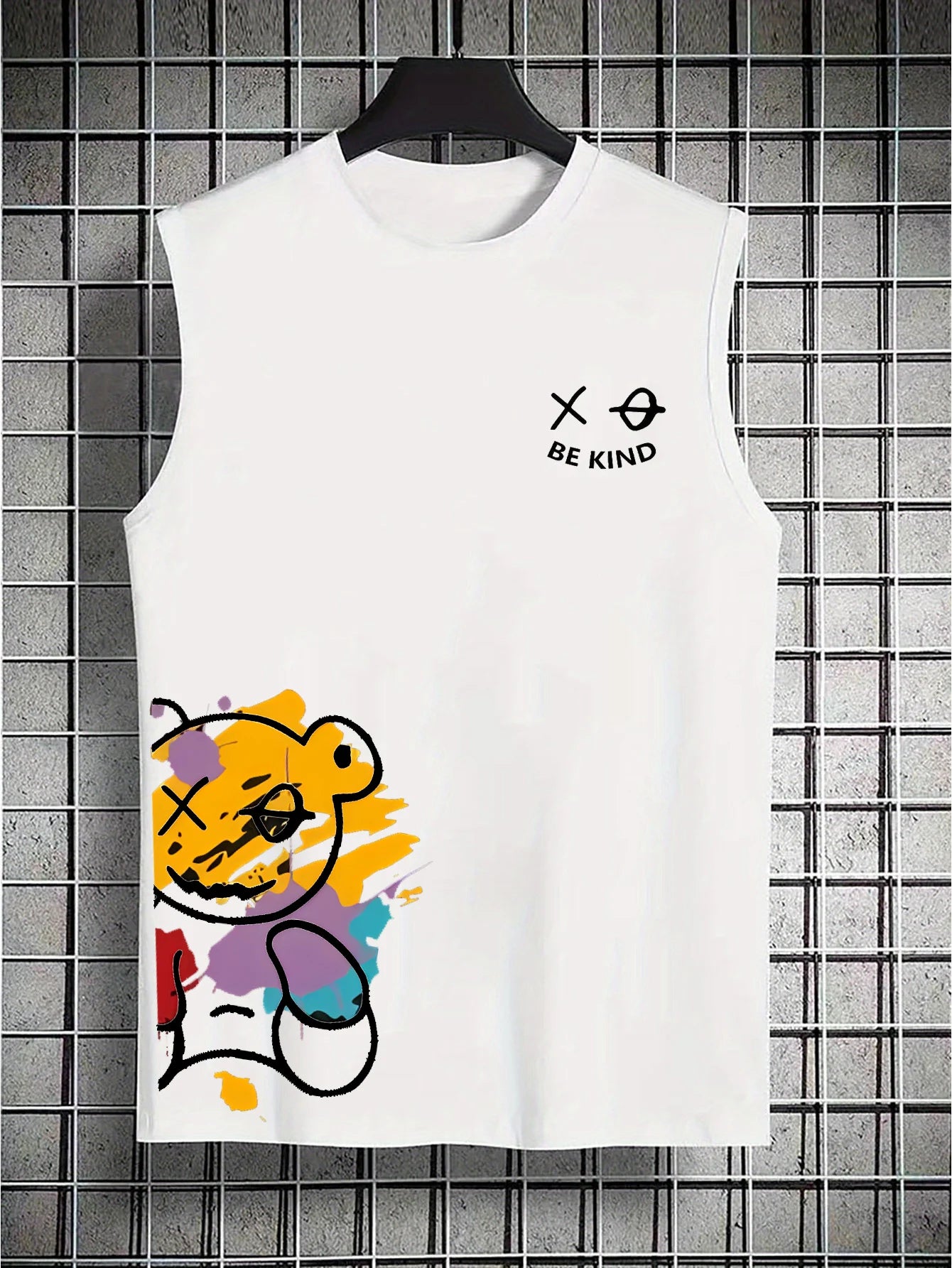 Men's Summer Leisure Sports Fitness Loose Cartoon Bear Pattern Printed Comfortable and Breathable Round Neck Sleeveless Tank Top