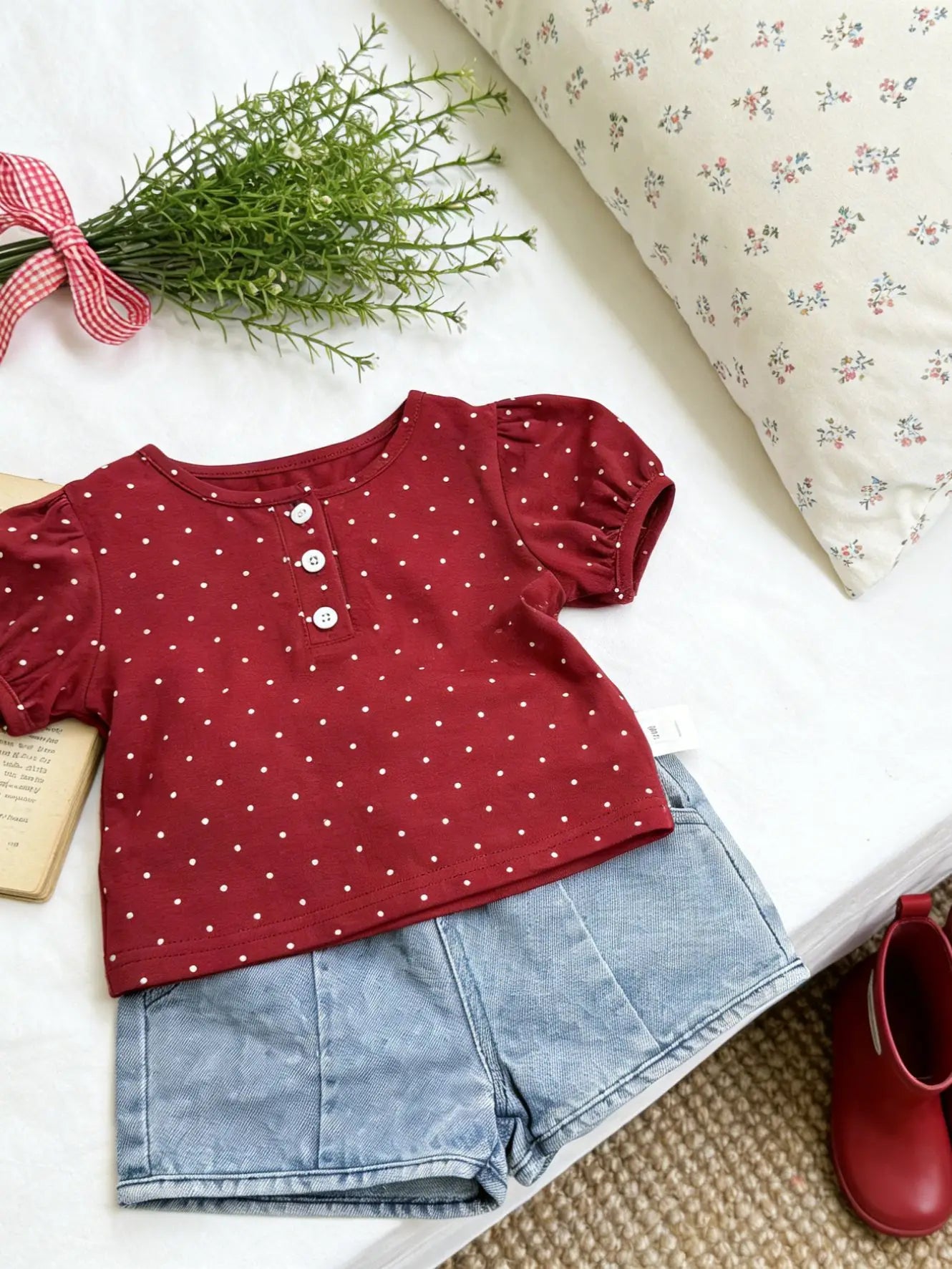 2026 Summer New Girls Short Sleeve T Shirts Cute Baby Girl Polka Dot Puff Sleeve Tops Cotton Infant Toddler Tee Kids Clothes