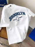 Men's Summer 100% Cotton Fashion Casual Loose Brooklyn&New York Letter Printed Round Neck Short Sleeve T-shirt Top