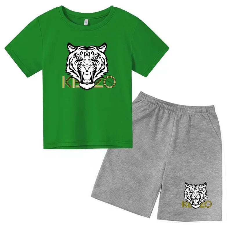 Kids T-shirt Boys Girls Toddlers 3-12Y Fashion Cute Tiger Print Brand Clothing Short Sleeve+Shorts 2P Outdoor Leisure Sports Set