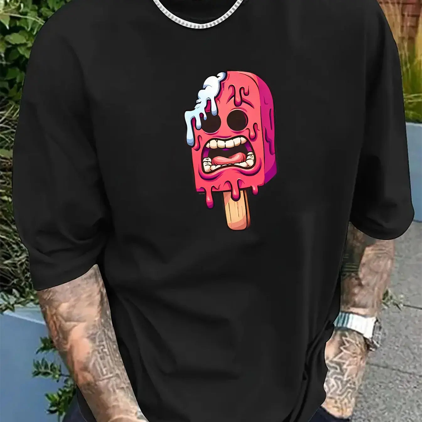Men's summer 100% pure cotton fashionable casual sports loose ice cream pattern print round neck short sleeved T-shirt top