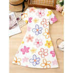 2026Girls White Bottom Colorful Flower Print Short Sleeve Dress