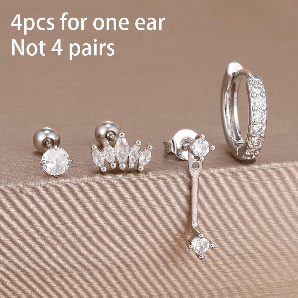 4pcs Korean Stainless Steel Zircon Water Drop Piercing Earrings Set for Women Simple Huggie Square Earring Fashion Jewelry