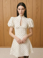 Retro Polka Dot Mini A-line Dress Elegant Stand Collar Puff Short Sleeve Waist-cinching Dresses 2026 New Lady Party Gowns