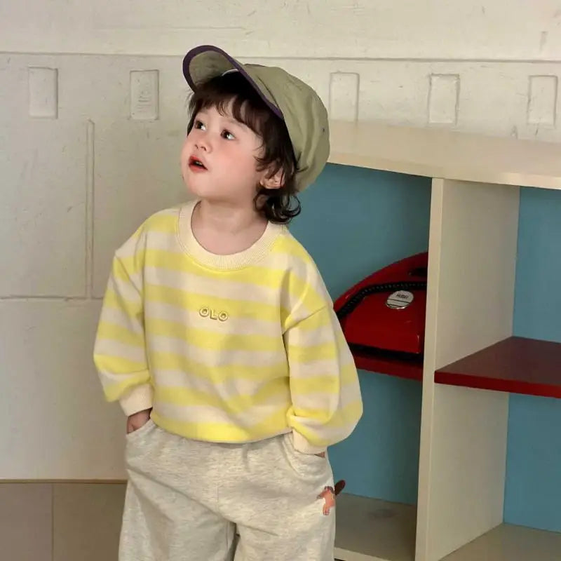2026 Spring New Baby Long Sleeve Sweatshirt Boys Casual Striped Pullover Infant Girls Cotton Loose Tops Toddler Clothes