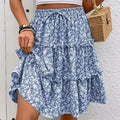 2026Women Summer Floral Print Tiered Cake Skirt Bohemian Elastic High Waist Ruffle Hem A-Line Mini Skirt Casual Beach Holiday