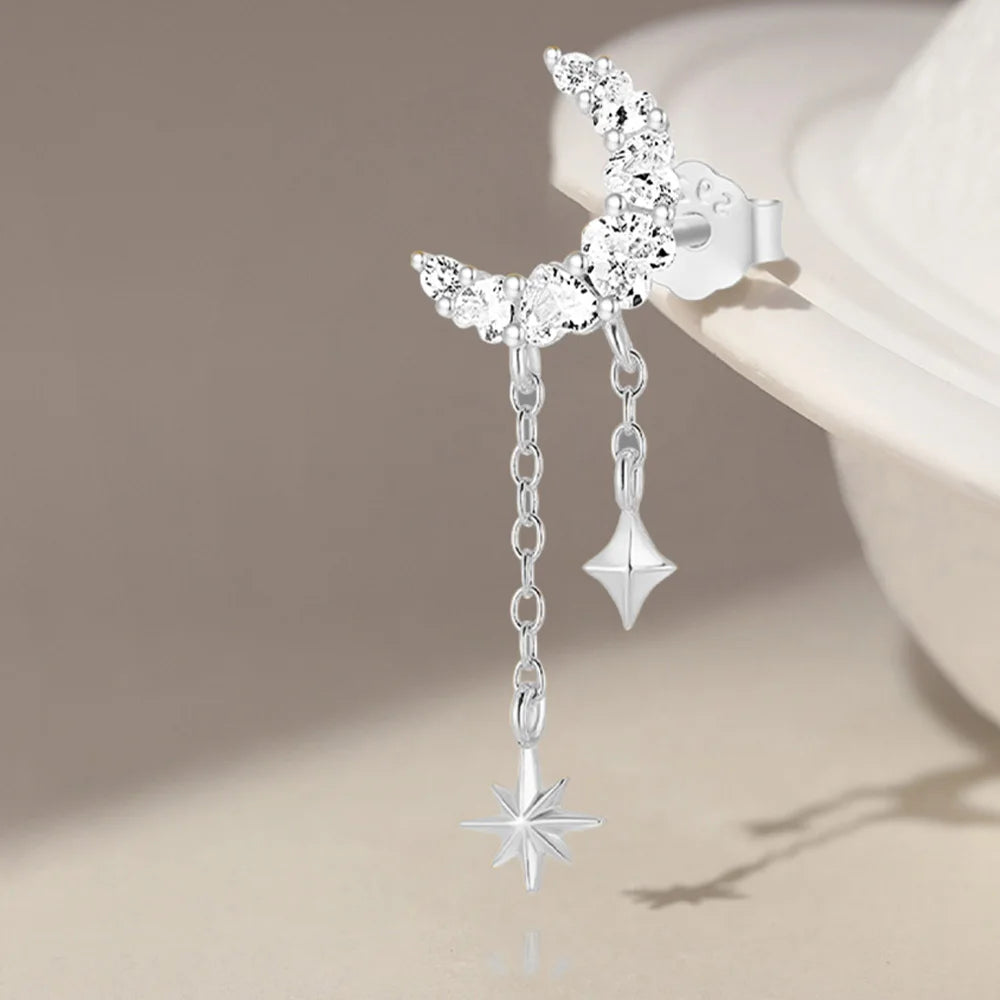 AIDE Star Moon Chain Tassel  925 Sterling Silver Shiny For Woman Piercing Earring Fashion Dainty Luxury Style fine jewelry