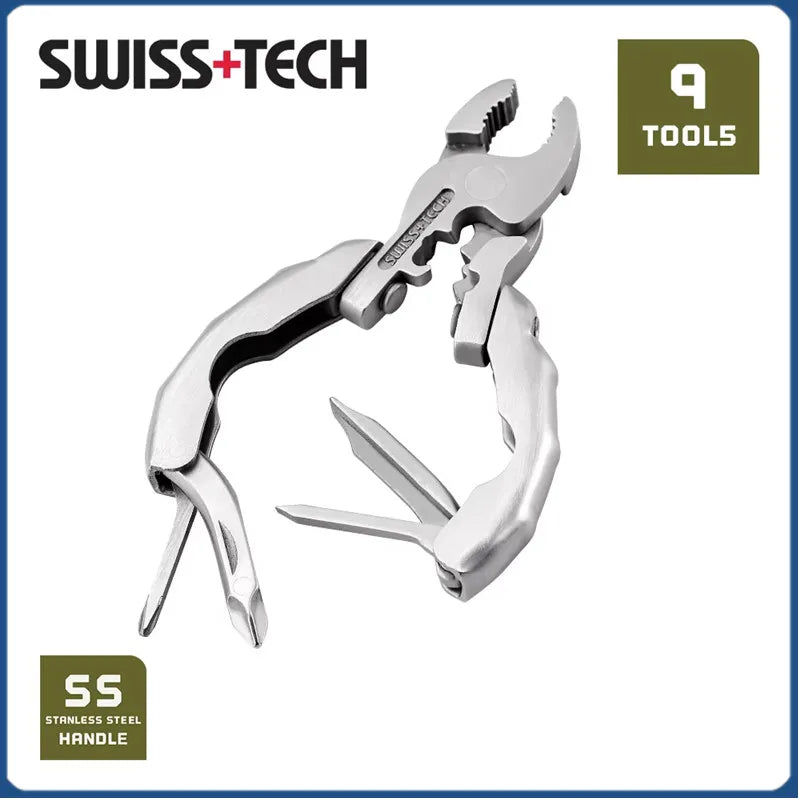 SWISS TECH 9 IN 1 Mini Multifunctional Pliers Pocket EDC Multitool Keychain Screwdriver Outdoor Hiking Gear Small Bottle Opener