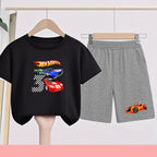 Summer Kids Ball Wear Creative Car Pattern Football Set T-shirt + Shorts Boys Girls 3-13 Years Old Sports Quick Drying T-shirt