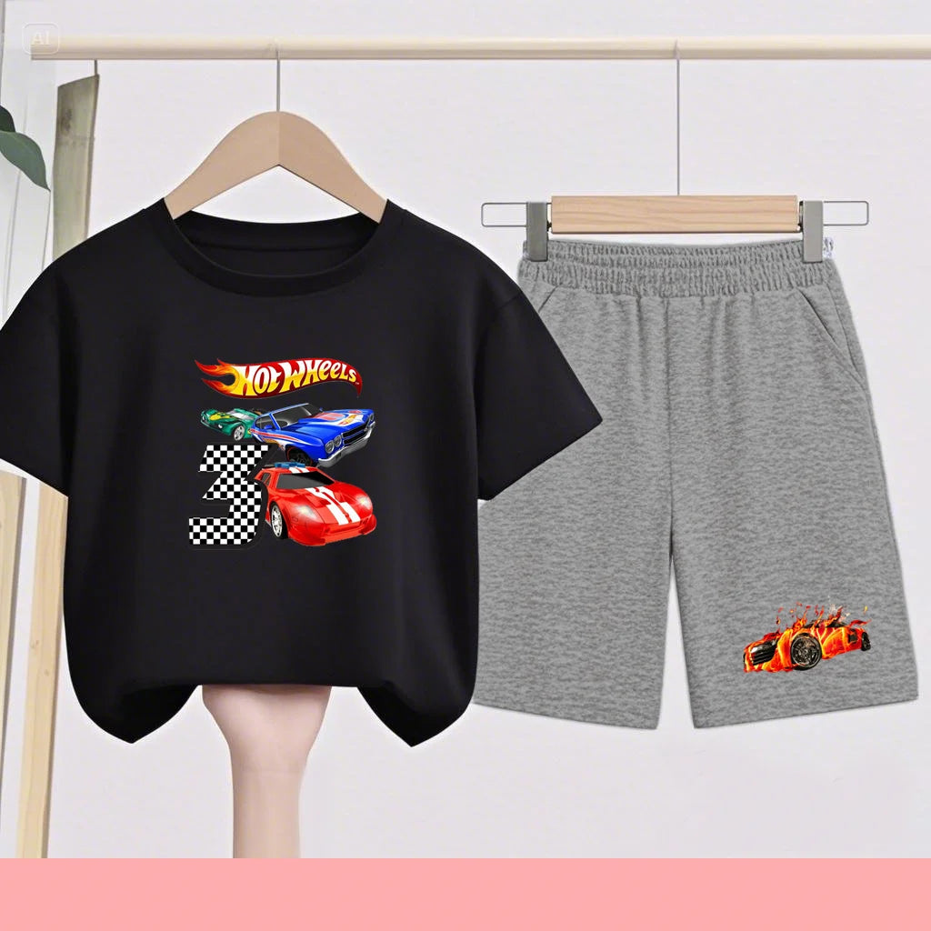 Summer Kids Ball Wear Creative Car Pattern Football Set T-shirt + Shorts Boys Girls 3-13 Years Old Sports Quick Drying T-shirt