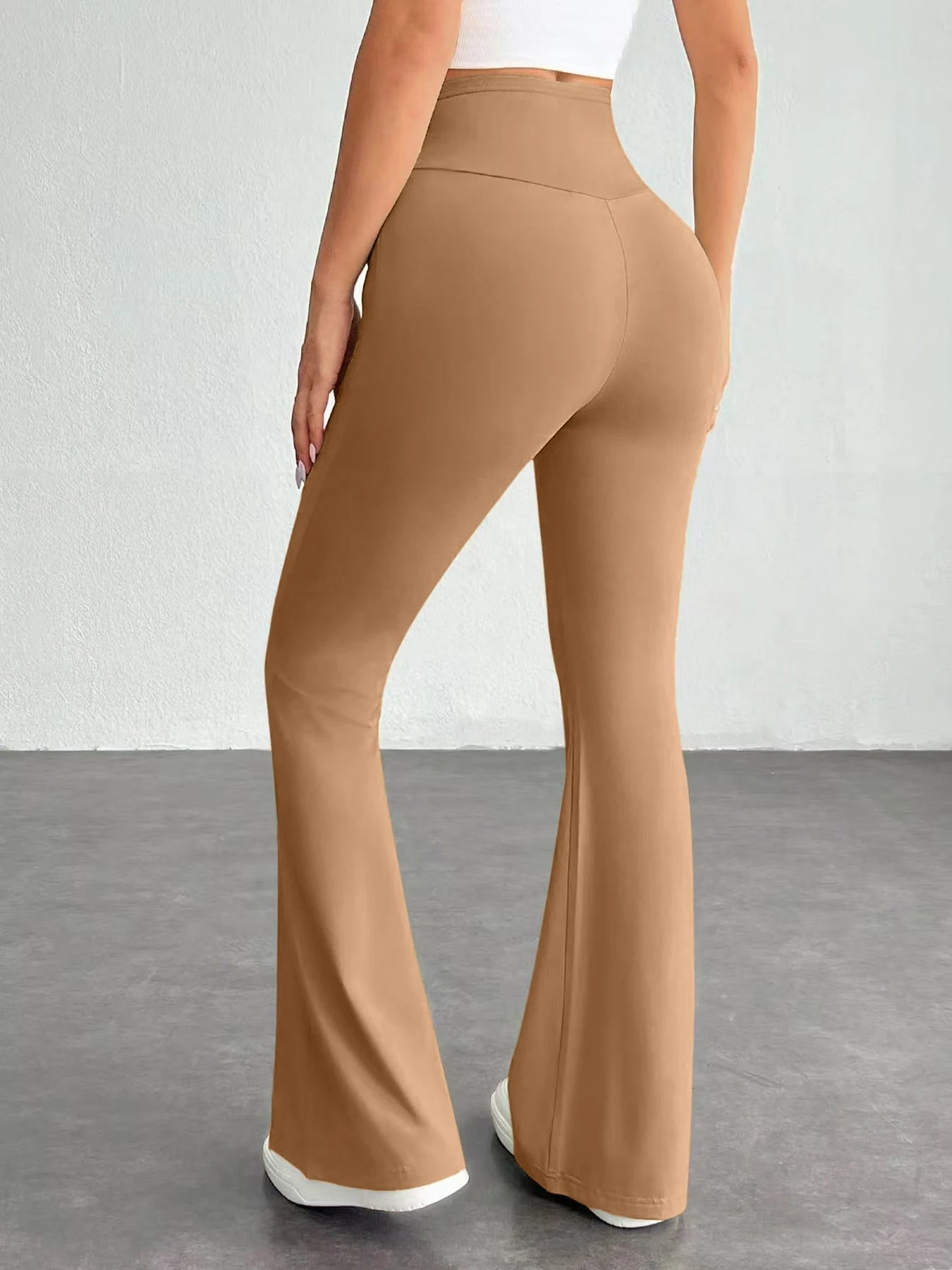 Autumn Nude-Colored High-Waisted Cross V-Shaped Waistband Flared Pants Women's Slim-Fit Yoga Fitness Long Pants with Asymmetrica