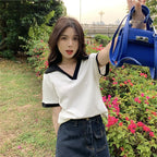 Summer Fashion Y2K T-shirt Woman Patchwork Polo Tee Shirt Femme Sexy OL Clothes Women Short Sleeve V-neck Tshirts Tops