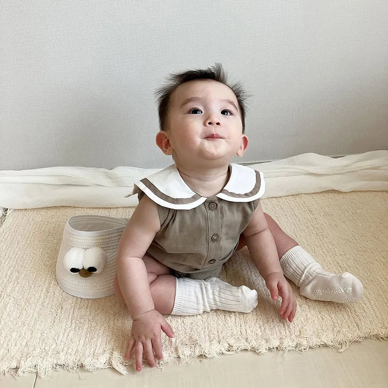 2026 Summer New Baby Sleeveless Bodysuit Cotton Infant Boy Girl Solid Sailor Collar Jumpsuit Newborn Toddler Clothes 0-24M