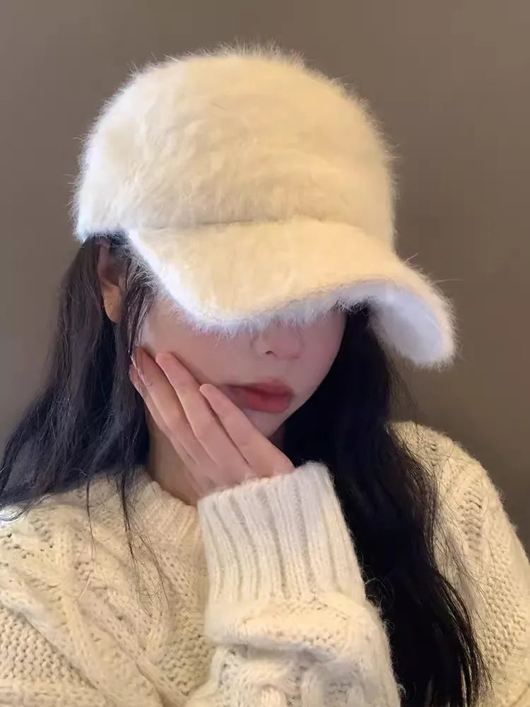 Rabbit Hair Baseball Hat Winter New Solid Color Warm Duck Tongue Hat Women's Autumn and Winter Plush Cold and Sunshade Hat