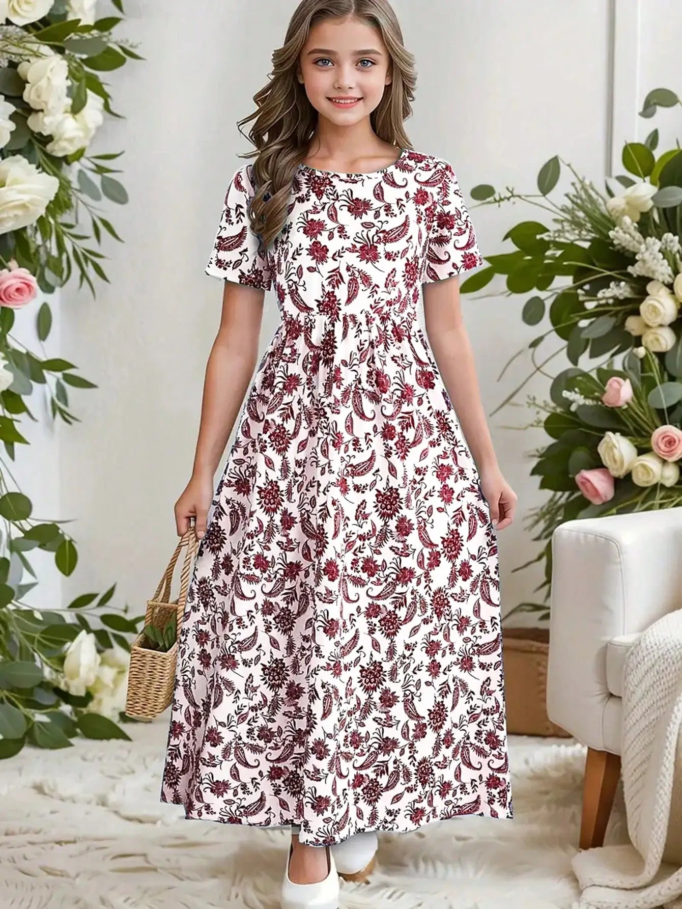 2026 casual Bohemian style paisley patterned short sleeved mid length dress, girls' holiday casual dress, summer gift
