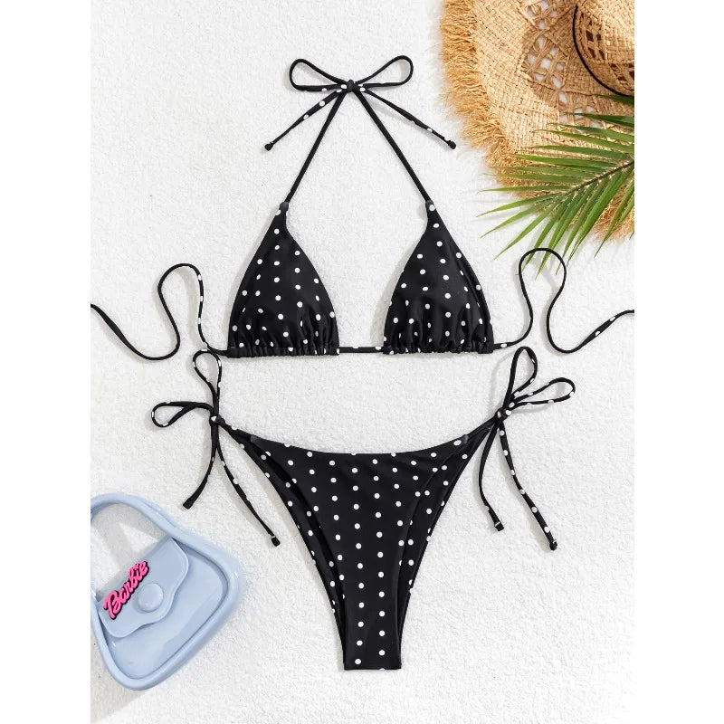 Sexy Leopard Print Two Piece Swimsuit Set Triangle Bra Suspender Halter Backless Bikini Set Beach Vacation Lace-up Swimwear