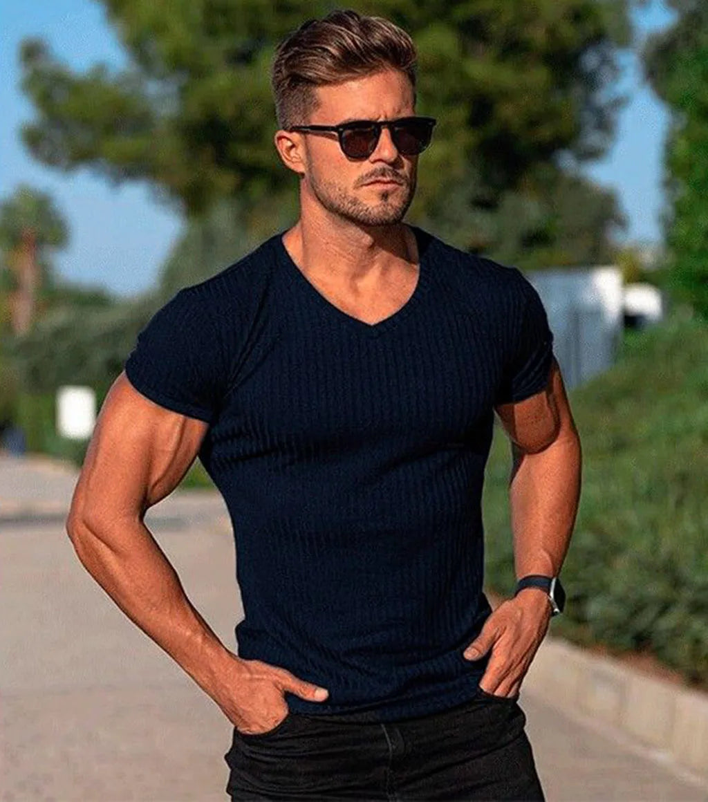 Men's V-Neck Ribbed Slim Fit T-Shirt 2026 Summer Casual Short Sleeve Muscle Fit Tops Streetwear Bodycon Tees