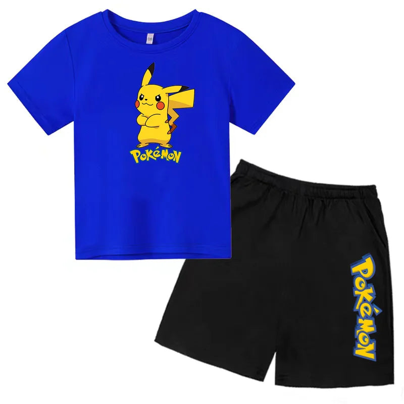 Children's Summer Set Boys and Girls Version Round-neck Cartoon Sports T-shirt - Short-sleeved Short Pants Set Clothing 3-13