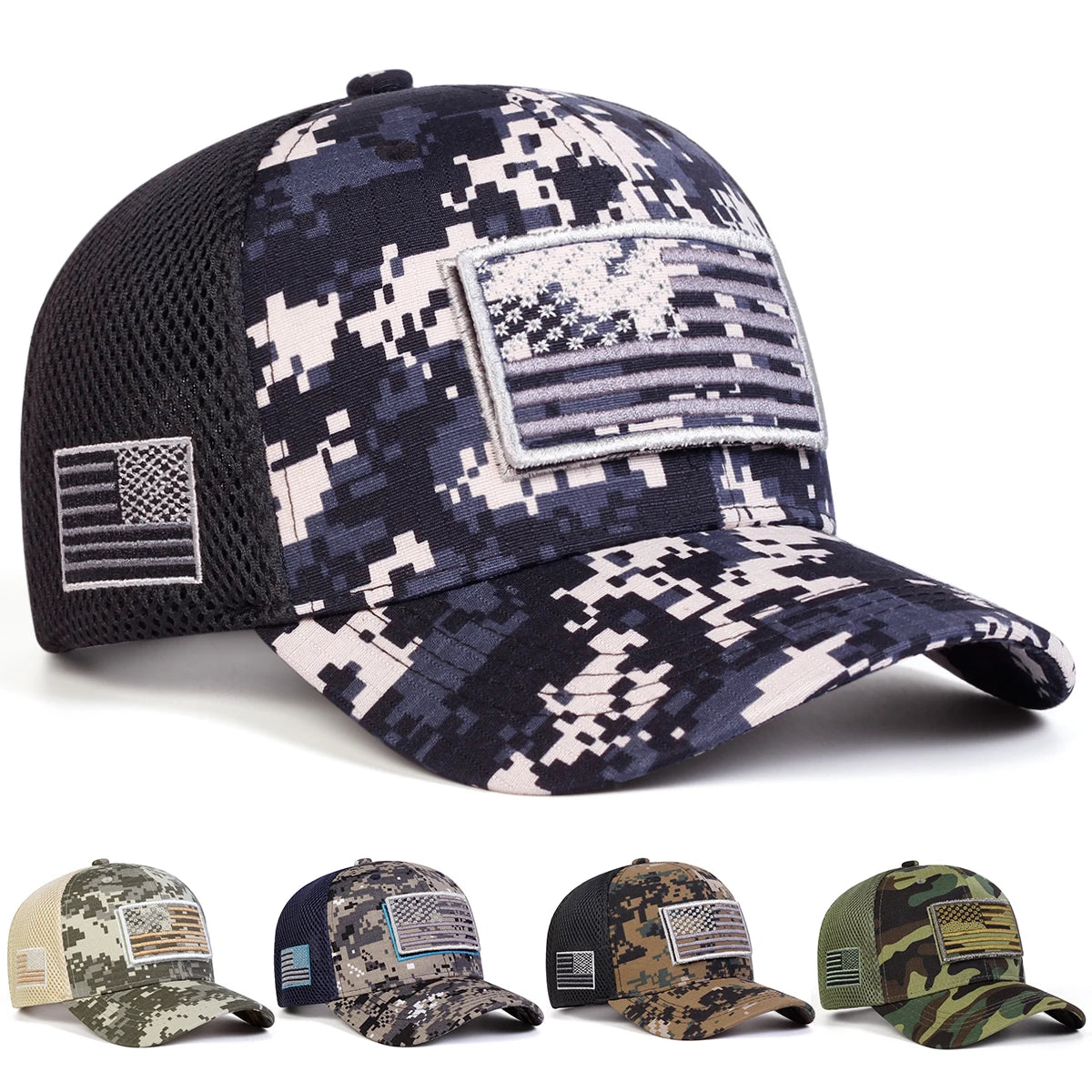 Unisex American Flag Embroidery Camouflage Baseball Net Caps Spring Summer Outdoor Adjustable Casual Hats Sunscreen Hat Cap