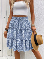 2026Women Summer Floral Print Tiered Cake Skirt Bohemian Elastic High Waist Ruffle Hem A-Line Mini Skirt Casual Beach Holiday