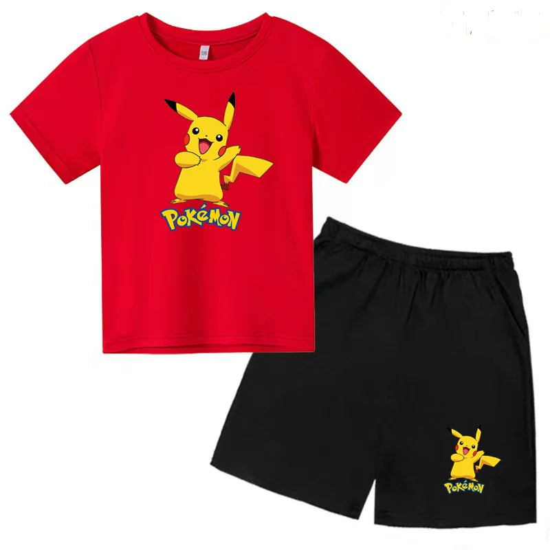 Children's Summer Set Boys and Girls Version Round-neck Cartoon Sports T-shirt - Short-sleeved Short Pants Set Clothing 3-13